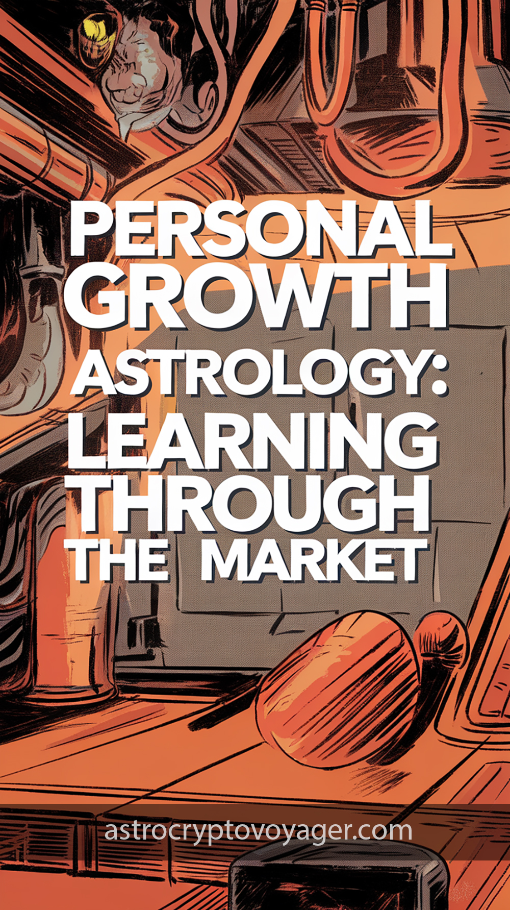 Comic book style, black and white with orange accents: Text on the image: "Personal Growth Astrology Learning Through the Market"